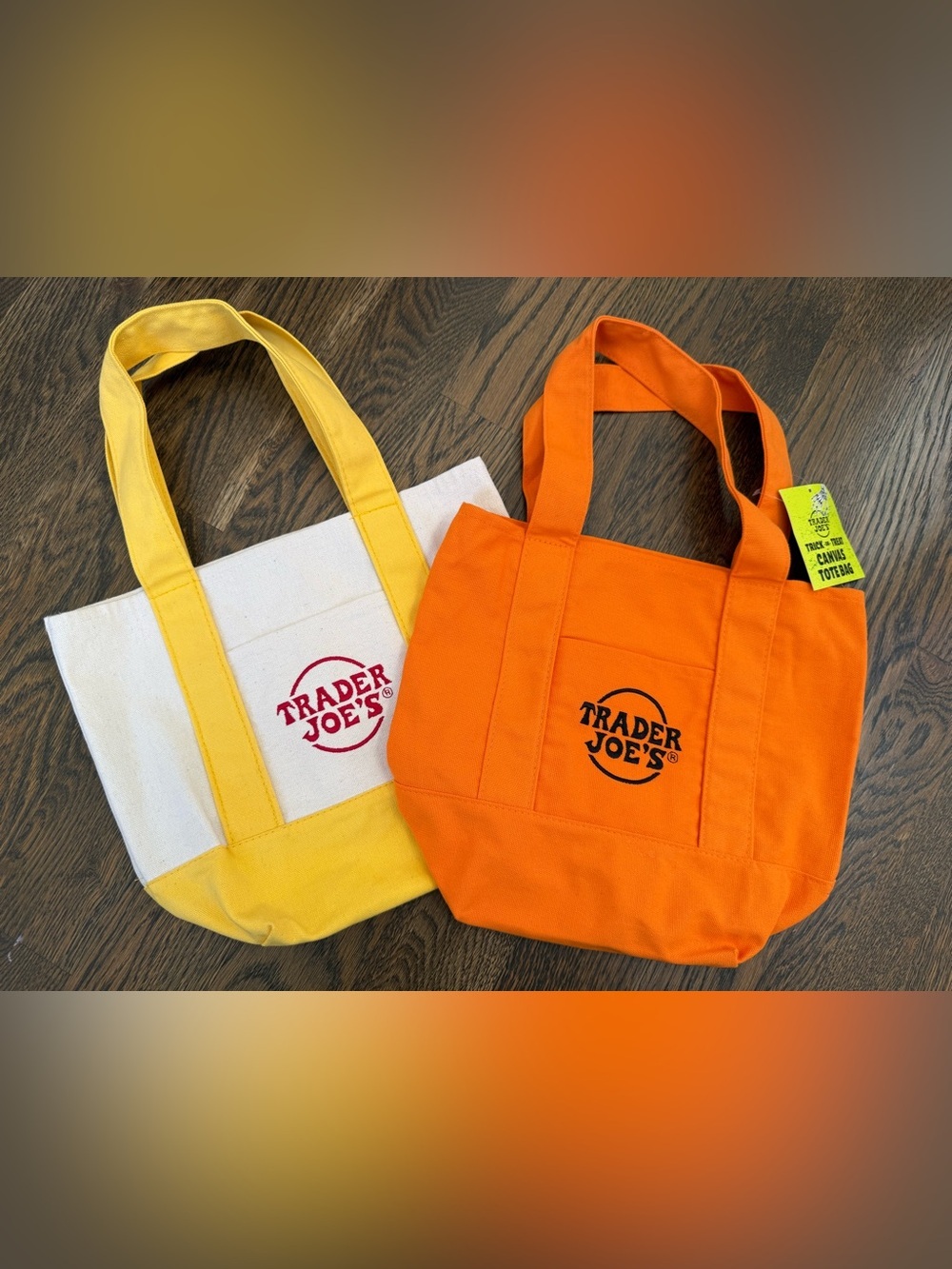 Trader Joe’s Canvas Tote Bag Bundle of 2 Yellow & Orange Trick or Treat NWT Rare